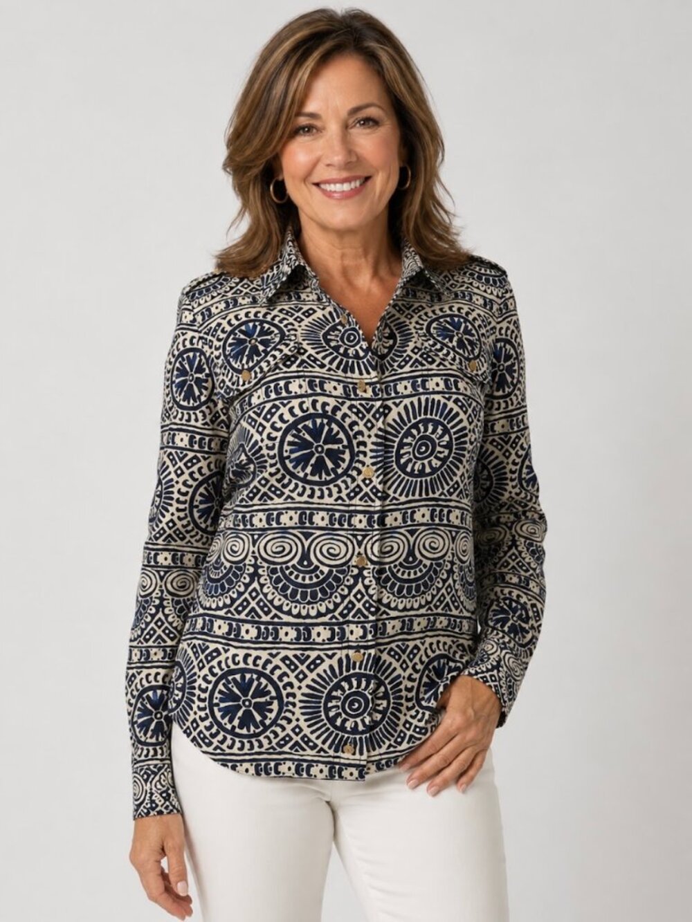Tory Burch Cotton Geometric Print Button-Down Shirt Long Sleeve Navy Cream. 10